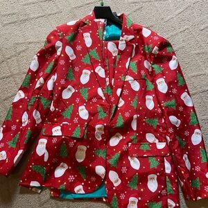 Festive Red Christmas Suit with Santa and Tree Print. Men’s Large 42-44